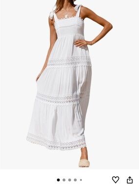 Boho White Lace-Trim Tie-Strap Maxi Dress - bridal, graduation, maternity!